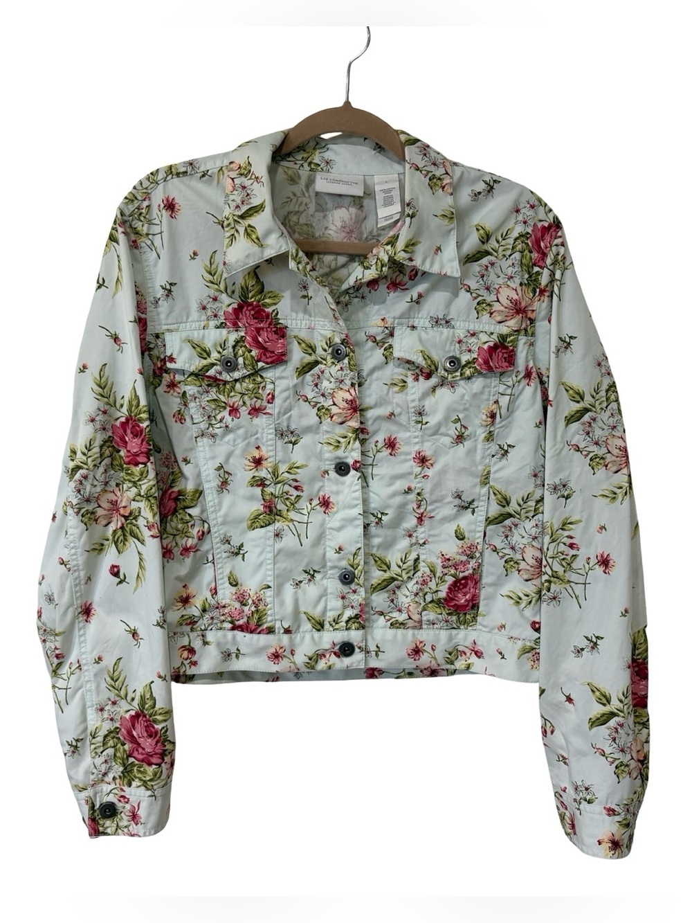 Liz Claiborne Floral Cropped Denim Jacket Size L 100% Cotton Cottagecore - Picture 4 of 9